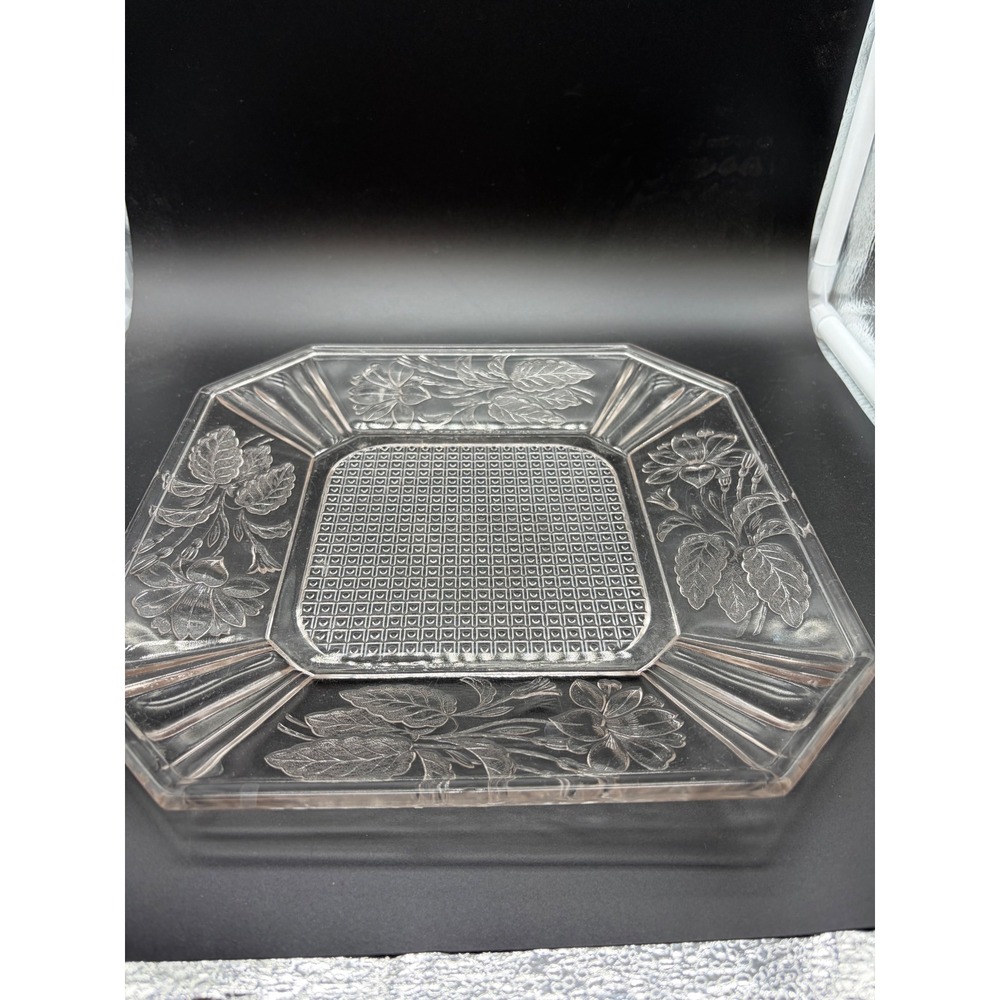 Vintage Clear Glass Floral Cane Platter Plate Square Serving Plate